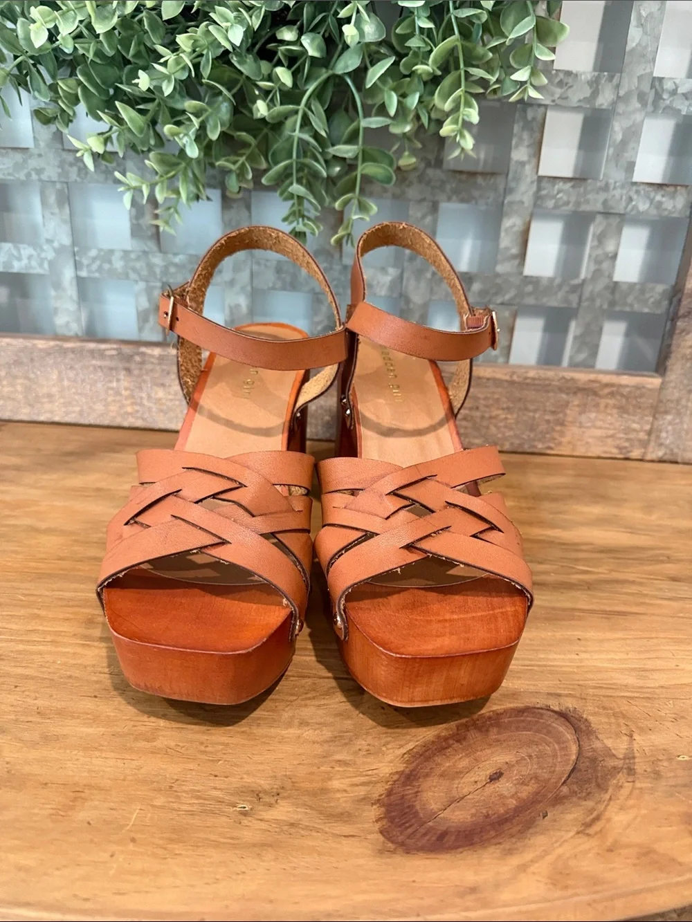 Madden Girl Cognac Brown Strappy Leather Platform Wedges